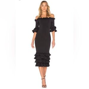 NWT Donna Mizani “Pishi” Off-Shoulder Ruffle Midi Dress - Black - Size L